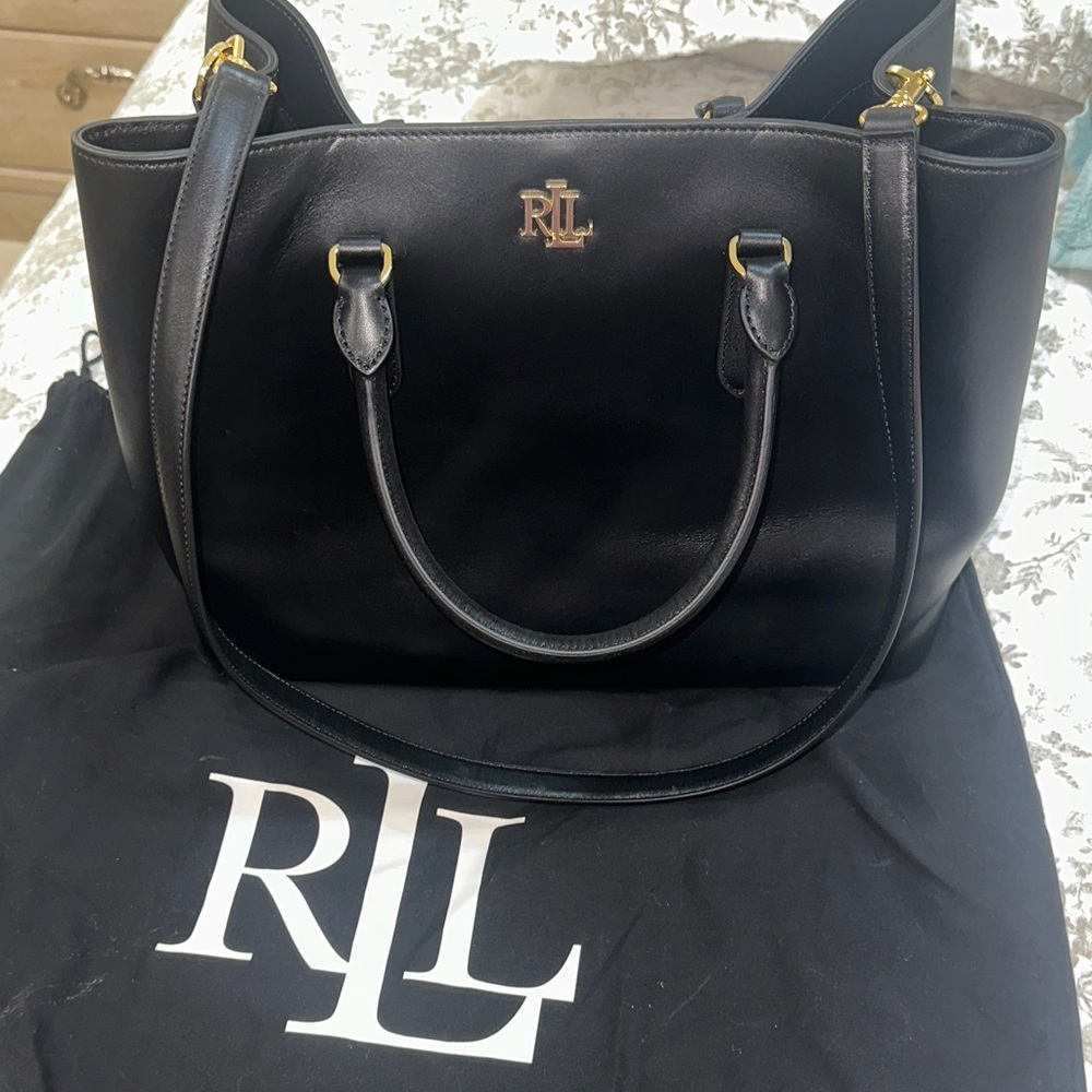 Ralph Lauren Black Leather Tote with Gold Accents - Picture 9 of 9